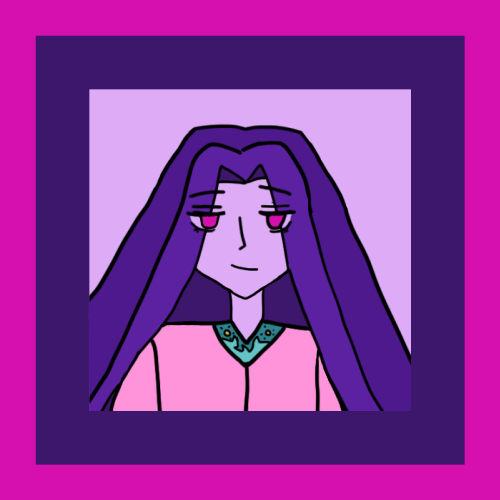 alejandro looking a bit breezy with a smile, fuchsia eyes and violet-toned hair. his tunic is colored pink with aqua sea and sun design along the neck. the background is lavender, dark violet and fuchsia.